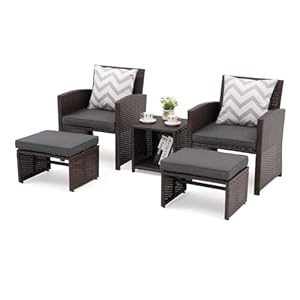 OC Orange-Casual 5-TLG Garten Unterhaltung Set, Balkon Möbel Set mit Kissen, brauner Rattan-Sessel mit Hocker&Couchtisch, für Garten, Hinterhof und Veranda (Dunkelgrau)