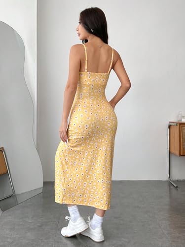 Image of Aahwan Yellow Printed Knitted Cami Split Pastel Dresse for Women's & Girl's