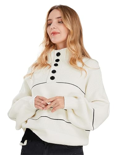Image of CHARTOU Women's Waffle Knit Knitwear Slouchy Striped Polo Collared Long Sleeve Pullover Sweater Tops