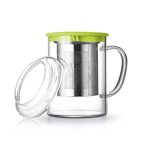 Tomotime Glass Tea Cup with Lid and Stainless Steel Infuser Basket Perfect Clear Tea Mug for Office and Home Uses for Loose Leaf Tea Steeping 13.5 Ounce,400ml, Green