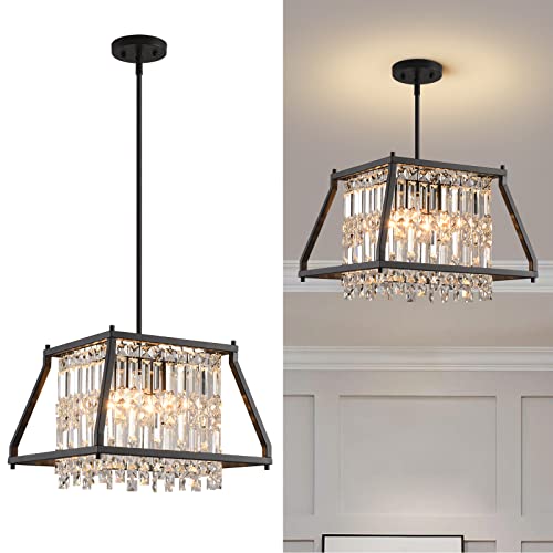 Image of LMQNINE Farmhouse Chandelier - Black Metal Crystal Pendant Light for Kitchen, Dining, Living Room - Flat & Inclined Ceiling (Trapezoid -15.74in)