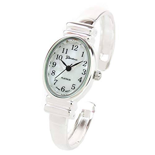 Montre bracelet jonc Geneva pour femme avec un élégant cadran ovale argenté