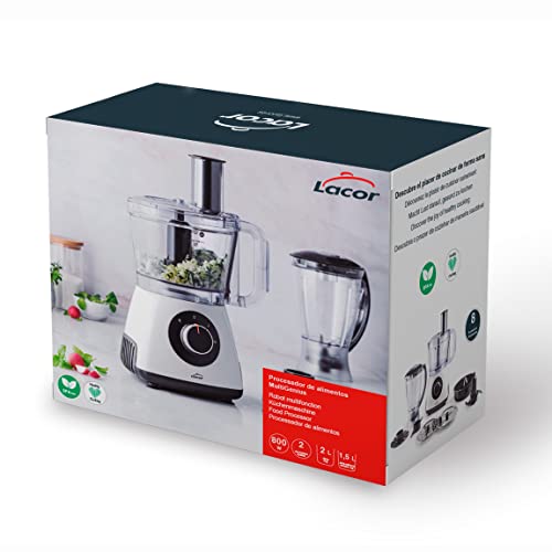 Lacor - 69579 - MultiGenius Küchenmaschine 100% BPA-frei, mehrere Funktionen, variable Geschwindigkeit, 8 Hochleistungszubehör, Sicherheitsanker, spülmaschinenfest, weiß
