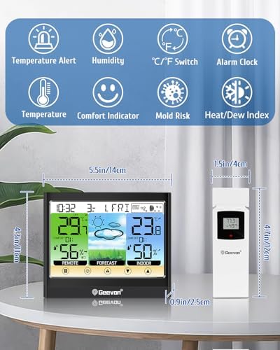 Geevon Weather Stations Wireless Indoor Outdoor Thermometer, Touch LCD Display Digital Thermometer Hygrometer with Heat Index, Dew Point, Comfort Indicator, Alarm Clock and Adjustable Backlight — view 4