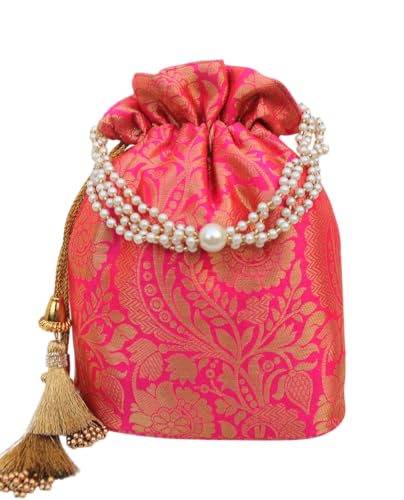 Image of MILAN'S CREATION Banarasi Silk Brocade Potli Bag Purse With Base Drawstring Women's handbag with Pearl Handle & Tassel Weddings