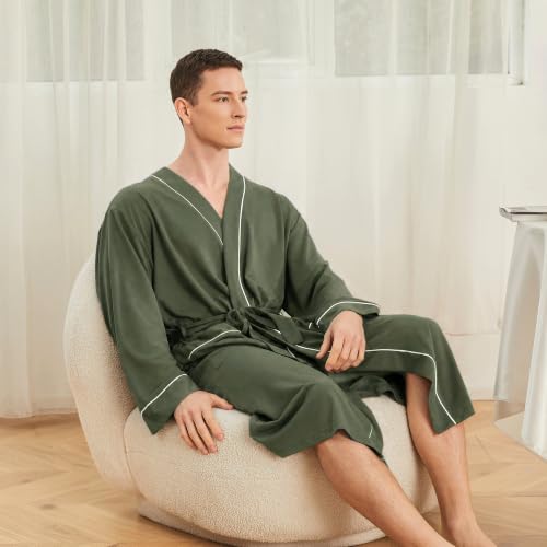 Image of Mens Lightweight Robe, Knit Kimono Bathrobe Spa Sleepwear Soft Knee Length Robe With Pockets
