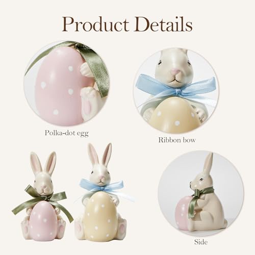 DN DECONATION Easter Decorations Bunny Figurines Set, Cream White Bunnies with Polka Dot Eggs & Ribbon Bows - Cute Spring Home Decor, Macaron Pastel Gift Set of 2 for Desk Bedroom Wedding by DN DECONATION - Image 5
