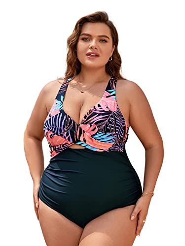 CUPSHE Damen Große Größen Badeanzug Wickeloptik V Ausschnitt Raffungen Blumenmuster Cut Out Einteilige Plus Size Bademode Swimsuit Schwarz L