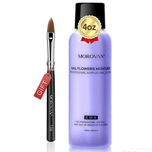 Morovan Monomère Liquide Acrylique Pour ongles Poudre Acrylique Polymère Acrylic Liquid 120ML Pour Système D'ongles Acrylique Monomère Professionnel avec Pinceau Acrylique Non jaunissant sans MMA