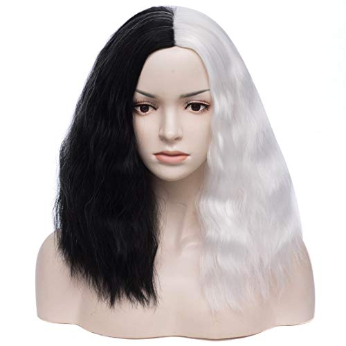 Short Black and White Fluffy Wigs Synthetic Costume Hair for Women with Wig Cap
