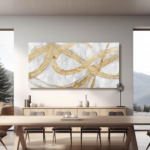 Image of VAYIMDH Decorative Wall Art Line Painting Prints on Canvas White Living Room Wall Decor 24 inchx 48 inch Abstract Artwork Gold Picture Wall Decor for Bedroom