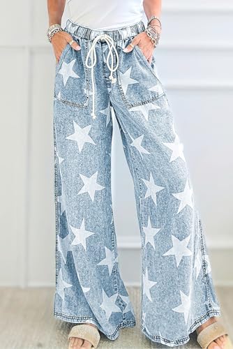 chouyatou Women's Wide Leg Star Printed Jeans Barrel Elastic High Waisted Drawstring Flare Denim Pants2