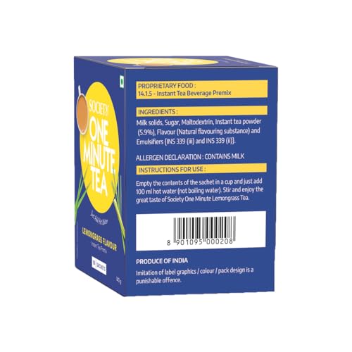 Image of Society One Minute Tea | Lemongrass Flavour | Refreshing Lemongrass flavour | Flavoured Instant Tea | 14g X 10 Sachets (140g) | Pack of 1