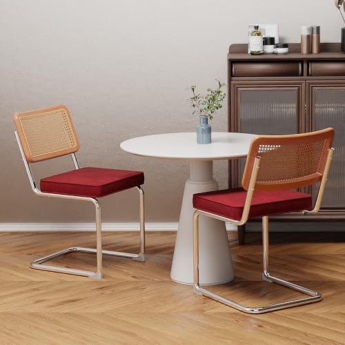 Mid Century Modern Rattan Dining Chairs Set of 2 Natural Cane Back Velvet Side Chairs Home Living Room Bedroom