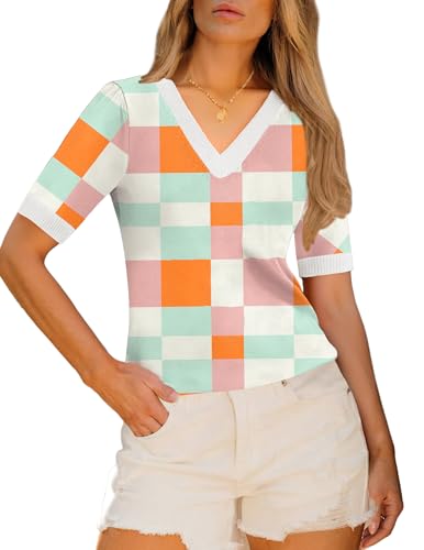 Image of Zeagoo Womens Short Sleeve Sweaters Soft Casual V Neck Pullover Tops Lightweight Knit Sweater Blouse