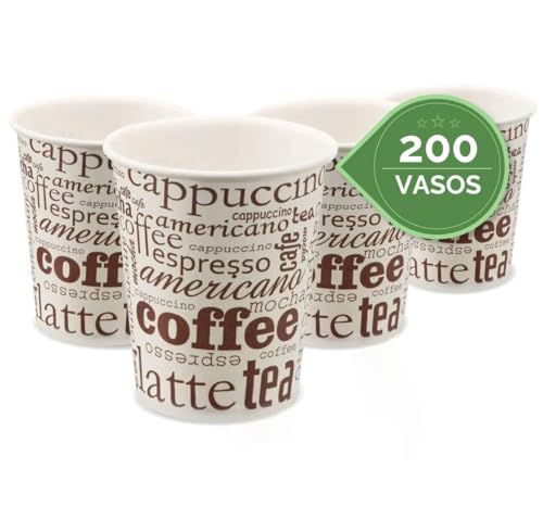 TELEVASO 200 Vasos desechables 200 ML cafe vasos carton desechables, vasos ecologicos reutilizables bebidas calientes, te, leche, resistentes al calor, capacidad