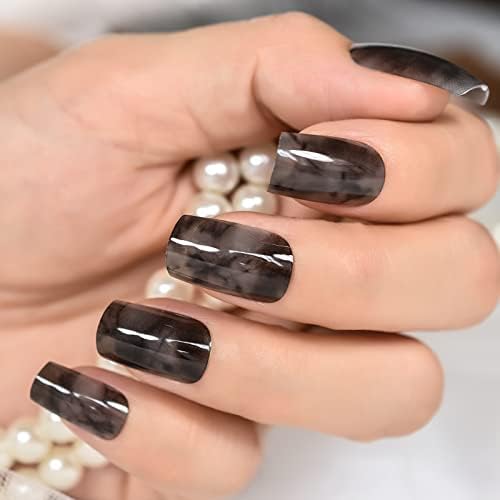 Coolnail Halloween Press on Nails Square, Glossy Black Gray Marble Design Fake Nails Medium UV Glue on Nails for Women Acrylic False Nail Kits 2022 Stick on Nails Reusable Full Cover Finger Nail