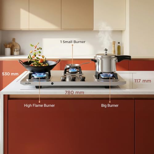 Image of Glen 3 Burner Stainless Steel LPG Gas Stove | Auto Ignition | 10 Year Warranty on Burners & Gas Valve | 1 Jumbo Forged Brass Burner | Ultra Tuff Body | 360 Revolving Inlet Nozzle | 1053UTTNDTSSAI