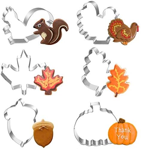Fall Thanksgiving Cookie Cutter Set - 6PCS Large Holiday Fall Leaves Cookie Cutter Stainless Steel Autumn Biscuit Shape Mold for Party Baking Pumpkin,Maple Leaf,Squirrel,Turkey,Oak Leaf and Acorn