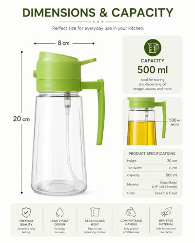 Image of LAGET 500ml 2-in-1 Oil Sprayer Dispenser Bottle for Cooking, Air Fryer, Fine Mist Pourer, Refillable Transparent Container for BBQ, Salad Dressing, Roasting, Baking, Kitchen Use (1)