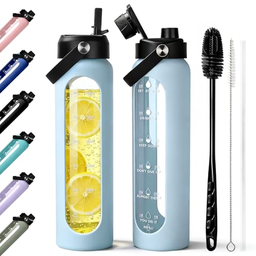 Image of Aqulea 32 oz Glass Water Bottle with 2 Lids - Spout & Straw Lids, 1L Motivational Borosilicate Glass Water Bottle with Time Marker & Silicone Sleeve, Leakproof (Ice Blue)