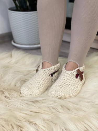 Cozy Knitted Short Wool Socks with Red Stripe, Handmade in Natural White Wool, Unisex Men & Women Sizes Soft Warm Ideal Gif, Free Shipping!2