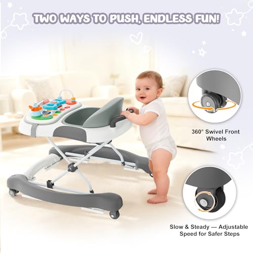 5-in-1 Foldable Baby Walker，Music and Lights Baby Walker with Wheels,Height Adjustable Infant Walker, with Activity Center, Rocker, Bouncer,Push Walker & Feeding Tray for Babies 6-18 Months (Gray) - Thumbnail 7