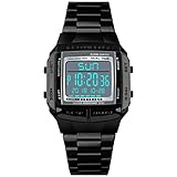 ⌚Reloj digital multifuncional. Este reloj digital para hombre es totalmente funcional, con doble hora, cronógrafo, cuenta atrás, visualización del día de la semana, alarma con temporizador, pantalla luminosa, reloj de 12/24 horas, etc. Es adecuada para muchas ocasiones y es imprescindible para actividades al aire libre.