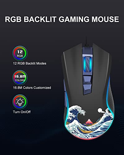 Costom Xvx G705 Wired Gaming Mouse, Rgb Backlit Pc Gaming Mouse With Adjustable 12000Dpi/7 Programmable Buttons, Gamer Computer Usb Mouse For Windows Mac Laptop Pc, Great Wave Off Kanagawa #TOP1