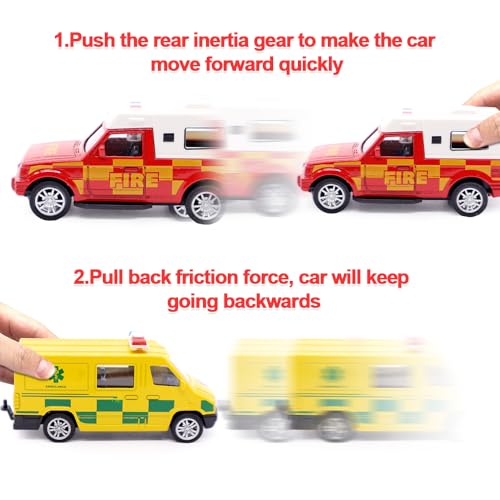 Toy Cars, 2 Pcs Model Car Rescue Play Vehicles Ambulance Fire Engine Children's Pull Back Vehicles Toys Emergency Vehicle Toys Cast Model Automobile for Children's Playtime and Birthday Party Gifts - Image 4