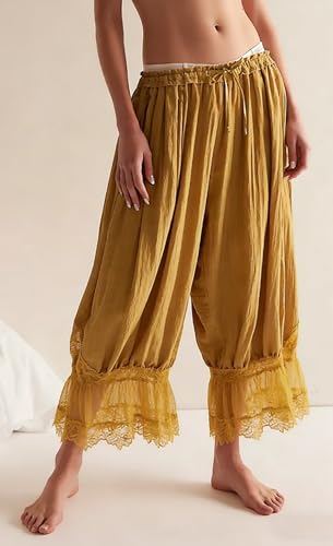 Image of NUFIWI Women Ruffle Long Bloomer Y2k Lace Trim Pettipants Pantaloons Mid Rise Cropped Pajama Pants Under Dress Slips
