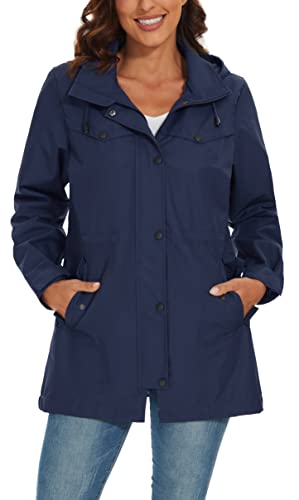 Benboy Women's Rain Jacket Lightweight Waterproof Rain Coat Long Hooded Outdoor Raincoat Windbreaker,Yy0914W-Navyblue-L #TOP27