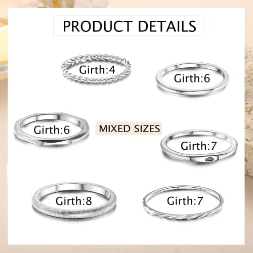 JeryWe 6Pcs Solid Silver Rings for Women 1mm-2mm Wedding Ring Stainless Steel Plain Band Knuckle Stacking Midi Thumb Rings Hypoallergenic Size 4-8