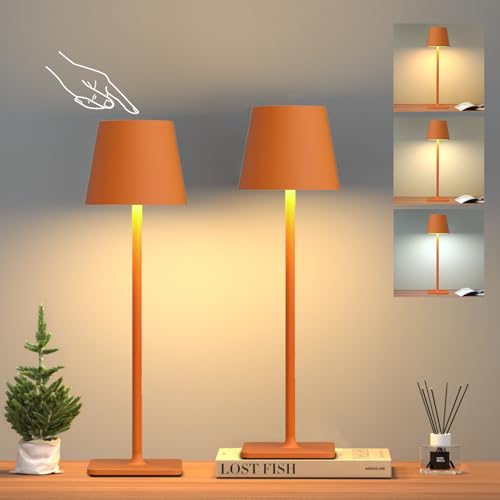 Image of Yogaret Orange Cordless Table Lamp Set of 2-3 Way and Stepless Dimmable - for Restaurant Dining Bedroom Home Bar
