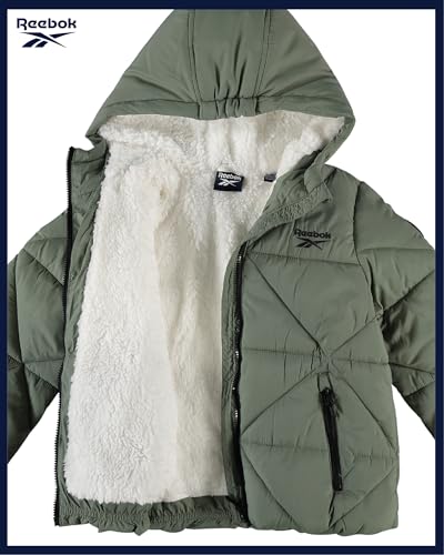 Image of Reebok Girls Heavyweight Quilted Cropped Puffer Parka with Sherpa Lining | Plush Faux-Fur Trim, Wind-Blocking Hood, Deep Pockets for Warm Hands, Modern Silhouette for School and Cold Days