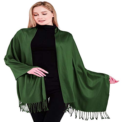CJ Apparel Dark Green Emerald Green Solid Color Tassels Design Nepalese Shawl Seconds Scarf Wrap Stole Throw Head Wrap Pashmina Hand Made in Nepal New