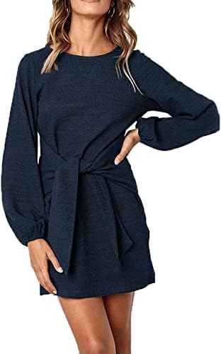 PRETTYGARDEN Women’s Elegant Long Lantern Sleeve Short Dress Crewneck Tie Waist Knit Cocktail Dress Navy