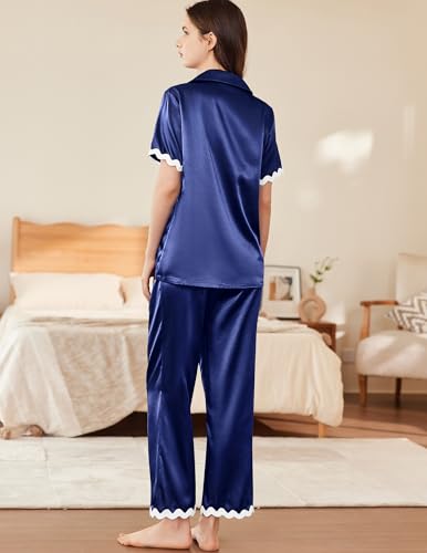 Image of Ekouaer Womens Silk Satin Pajamas Set Button Down 2 Piece Pjs Short Sleeve Long Pants Sleepwear Lounge Set, S-XXL