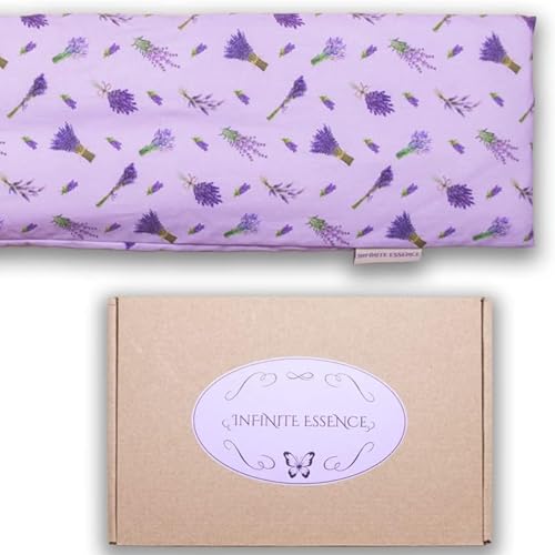 Lamare - Cuscino termico con semi di grano ecologico e lavanda, 48 x 15 cm, rivestimento lavabile 100% cotone, per cervicale e coliche, terapie a freddo e caldo, Lavanda stampata