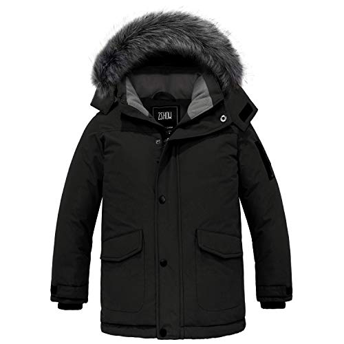ZSHOW Boy's Hooded Winter Padded Coat Thick Fleece Lined Quilted Parka Windproof Puffer Jacket(Black,10-12)