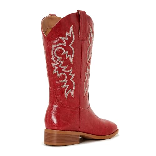 Image of Cowgirl Boots Square Toe Cowboy Boots For Women Ladies Mid Calf Low Heel Flat