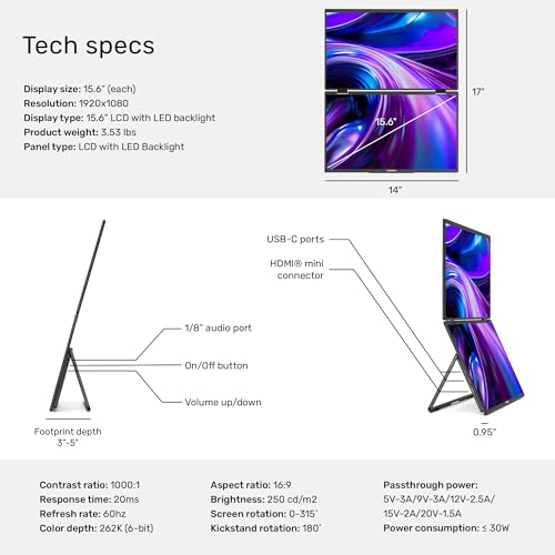 Image of SideTrak Solo Book 15.6 inch Foldable Dual Screen Portable Monitor - FHD Portable Stacked Monitor, External Display for Laptop, Extender with Stacked Dual Monitors for Mac, PC, and Chromebook