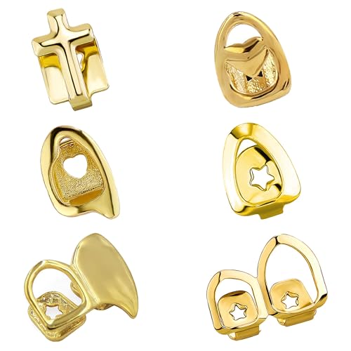 TIMIFUN 6 Parrillas Dentales Individuales Chapadas en Oro de 18K, Estilo Hip Hop Punk con Rejillas Superiores e Inferiores Desmontables para Hombres y Mujeres, Accesorios para Raperos Hip Hop (Gold)