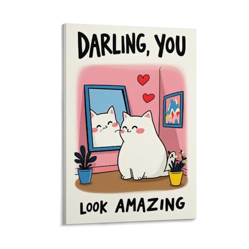 Funny Cat Bathroom Wall Art-Darling You Look Amazing-Cute Mirror Quote Print Poster (3) ���� �G �L�����o�X ���r���O���[�� �Q�� ��� �p�l��12x18inch(30