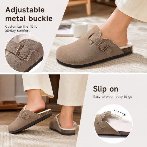 Image of KIDMI Women's Fur Lined Genuine Suede Clogs Fuzzy Cork Footbed Potato Shoes | Adjustable Metal Buckle, Non-slip Rubber Soles, Cushioning, Cozy and Warm, Supportive, Indoor, Outdoor, Winter, Casual
