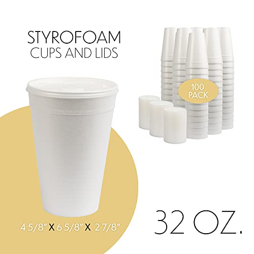 32 Oz Styrofoam Cups With Lids Foam Cups For Hot And Cold, Sturdy Durable Cups, Keeps Hot Drinks Teas Coffees Soups Hot & Cold Drinks Iced Teas Ice Coffees Sodas Ice Cold (100-Pack) #TOP1
