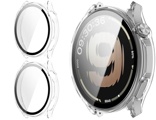 GIOPUEY Cover Compatibile con Oppo Watch S, [2 Pezzi] Pellicola Protettiva Vetro + Cornice in Plastica Rigida Custodia - Transparent+Transparent