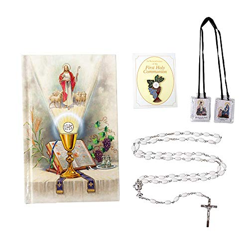 First Communion Kit | Boys and Girls First Communion Bundle | Black or White | Comes with Communion Book, Rosary, Scapular and Pin | Kit Comes with Plastic Holding Case | Christian Home Goods