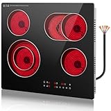 GRACEALL Piano Cottura Elettrico 4 Fuochi 60cm, Vetroceramica da Incasso 6700W, Piastra Riscaldante Infrarossa 230V per Cucina, Piano cottura elettrico a doppio anello, Facile da Pulire