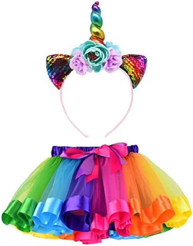 Little Girls Layered Rainbow Tutu Skirts with Sparkling Unicorn Horn Headband